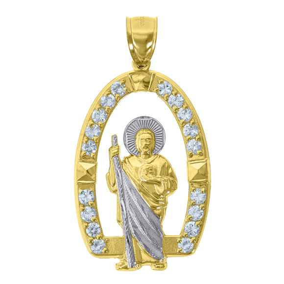 10kt Gold Two-tone Cubic-zirconia Mens Saint Jude Ht:54mm x W:28.2mm Religious Charm Pendant
