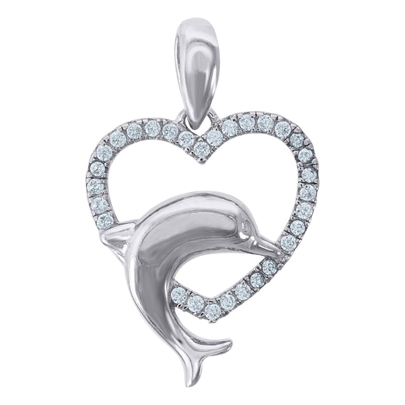 925 Sterling Silver Womens Cubic Zirconia Heart Dolphin Charm Pendant