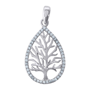 925 Sterling Silver Womens Cubic Zirconia Tree Of Life Teardrop Charm Pendant