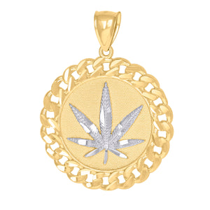 10kt Gold Two-tone Diamond-cut Mens Marijuana Leaf Ht:48.1mm x W:35.6mm Medallion Charm Pendant