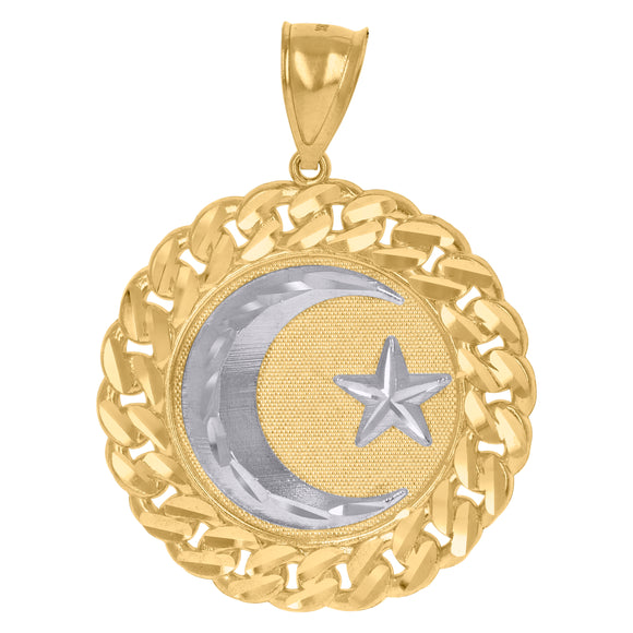 10kt Gold Two-tone Diamond-cut Mens Crescent Moon Star Ht:45.1mm x W:33.3mm Religious Charm Pendant