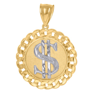 10kt Gold Two-tone Diamond-cut Mens Dollar Sign Ht:41.9mm x W:30.4mm Currency Charm Pendant