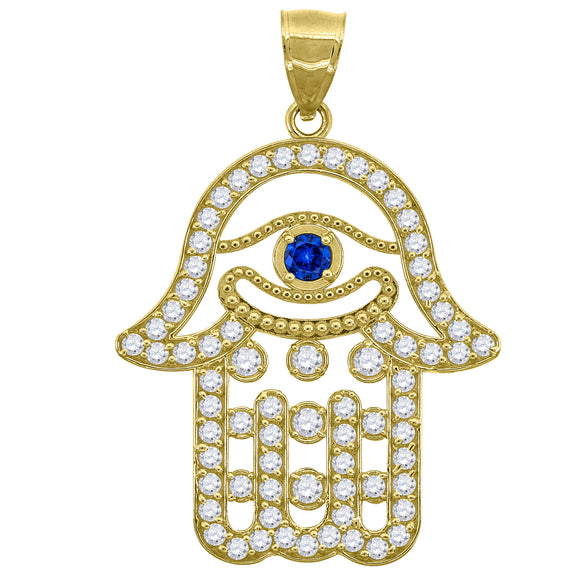 10KT Yellow Gold Mens White Royal Blue Cubic Zirconia Hamsa Religious Charm Pendant