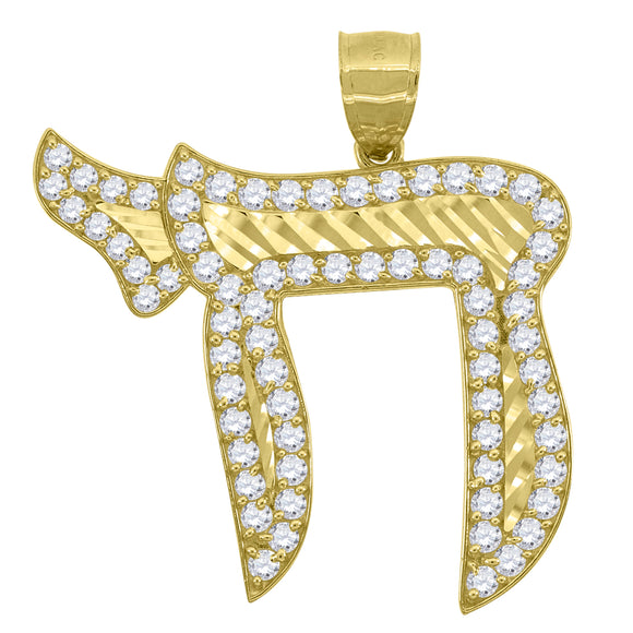 10KT Yellow Gold Mens Cubic Zirconia Chai Symbol Charm Pendant