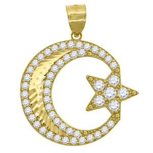 10KT Yellow Gold Mens Cubic Zirconia Moon & Star Celestial Religious Charm Pendant