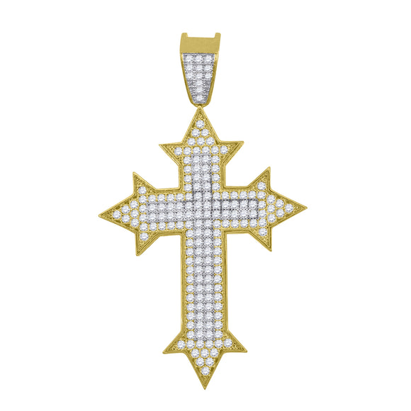 10kt Gold Two-tone Cubic-zirconia Mens Cross Ht:52.5mm x W:30.5mm Religious Charm Pendant