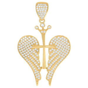 10kt Yellow Gold Cubic-zirconia Mens Cross Angel Wings Ht:44.2mm x W:23mm Religious Charm Pendant