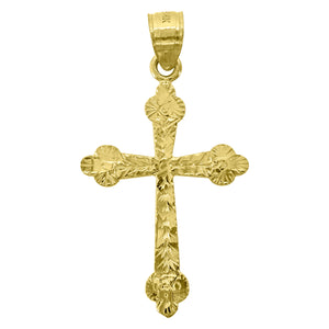 14kt Yellow Gold Unisex Diamond-cut Cross Ht:32.5mm Religious Pendant Charm