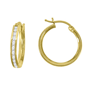14kt Yellow Gold Womens Single Row CZ Huggie Hoop 16mm x 2mm Earrings