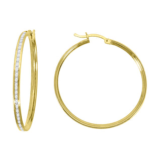 14kt Yellow Gold Womens Single Row CZ Huggie Hoop 32mm x 2mm Earrings
