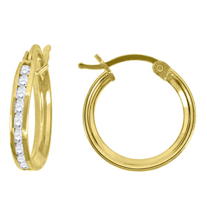 14kt Yellow Gold Unisex Single Row CZ Huggie Hoop 14mm x 2mm Earrings