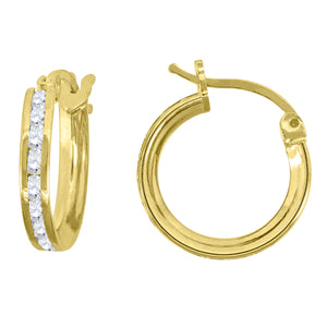 14kt Yellow Gold Unisex Single Row CZ Huggie Hoop 13mm x 2mm Earrings
