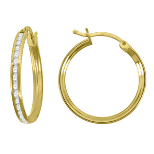 14kt Yellow Gold Unisex Single Row CZ Huggie Hoop 20mm x 2mm Earrings
