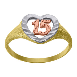14kt Gold Womens Tri-color Diamond-cut Heart 15 Anos SZ7 Quinceanera Ring Band