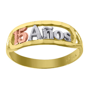 14kt Gold Womens Tri-color Diamond-cut 15 Anos SZ7 Heart Quinceanera Ring Band