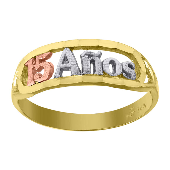 14kt Gold Womens Tri-color Diamond-cut 15 Anos SZ7 Heart Quinceanera Ring Band