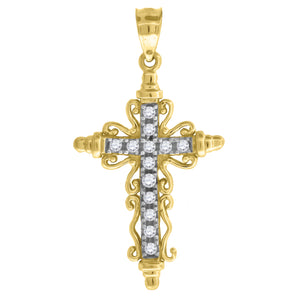14kt Gold Womens Two-tone Diamond-cut Cross Ht:29.6mm Religious Pendant Charm