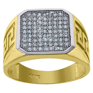 14kt Gold Mens Two-tone CZ Greek Key Engraved Side Bands Square Head Wedding Engagement Ring Band