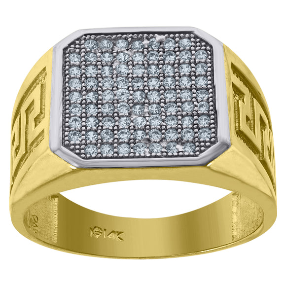 14kt Gold Mens Two-tone CZ Greek Key Engraved Side Bands Square Head Wedding Engagement Ring Band