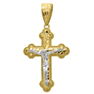 14kt Gold Womens Two-tone Diamond-cut Nugget Cross Crucifix Jesus Ht:51.8mm Pendant Charm