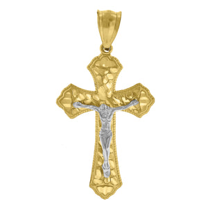 14kt Gold Womens Two-tone Diamond-cut Nugget Cross Crucifix Jesus Ht:16.1mm Pendant Charm