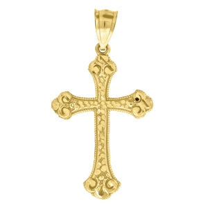 14kt Yellow Gold Unisex Diamond-cut Cross Ht:40.5mm Religious Pendant Charm