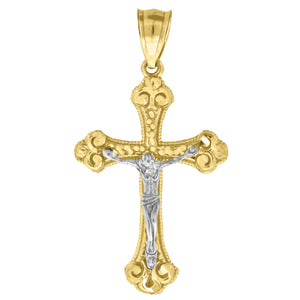 14kt Gold Unisex Two-tone Diamond-cut Cross Crucifix Jesus Ht:40.6mm Pendant Charm
