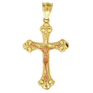 14kt Gold Unisex Two-tone Diamond-cut Cross Crucifix Jesus Ht:40.9mm Pendant Charm