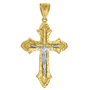 14kt Gold Womens Two-tone Diamond-cut Cross Crucifix Jesus Ht:58.2mm Pendant Charm