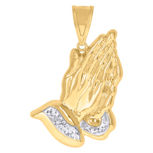 10kt Gold Two-tone Diamond-cut Mens Praying Hands Ht:44.9mm x W:30.3mm Religious Charm Pendant