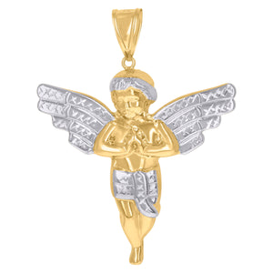 10kt Gold Two-tone Diamond-cut Mens Angel Ht:67.6mm x W:53.2mm Religious Charm Pendant