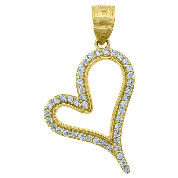 10kt Yellow Gold Cubic-zirconia Womens Ht:12mm x W:2.2mm Heart Charm Pendant