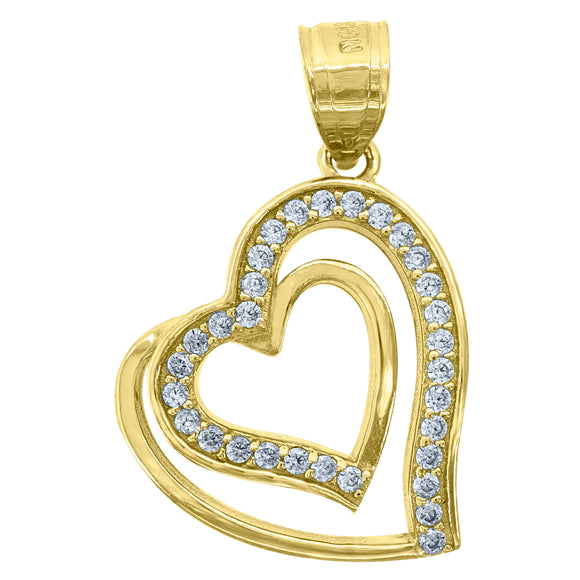 10kt Yellow Gold Womens Cubic Zirconia Cubic-zirconia Double Heart Love Charm Pendant