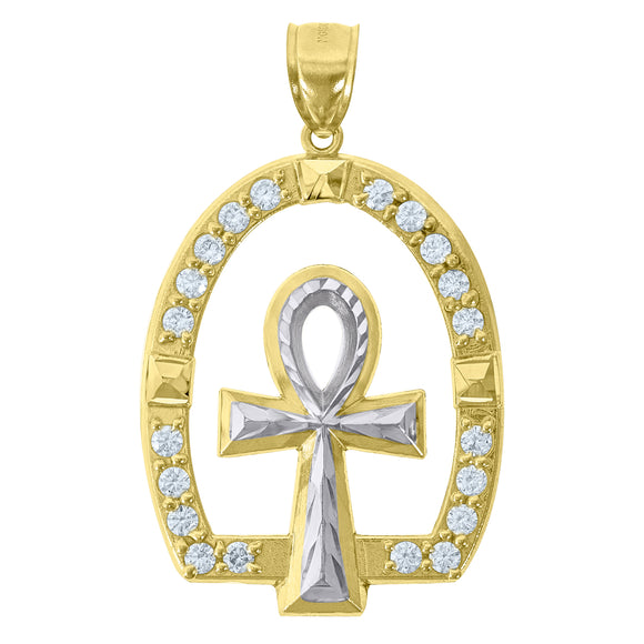 10kt Two-tone Gold Mens Women Cubic Zirconia Cubic-zirconia Ankh Cross Religious Charm Pendant