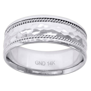 14kt White Gold Mens Hammer Finished Wedding Band Ring 8mm Size 8