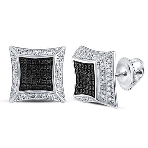 Sterling Silver Mens Round Diamond Flared Square Cluster Earrings 1/6 Cttw