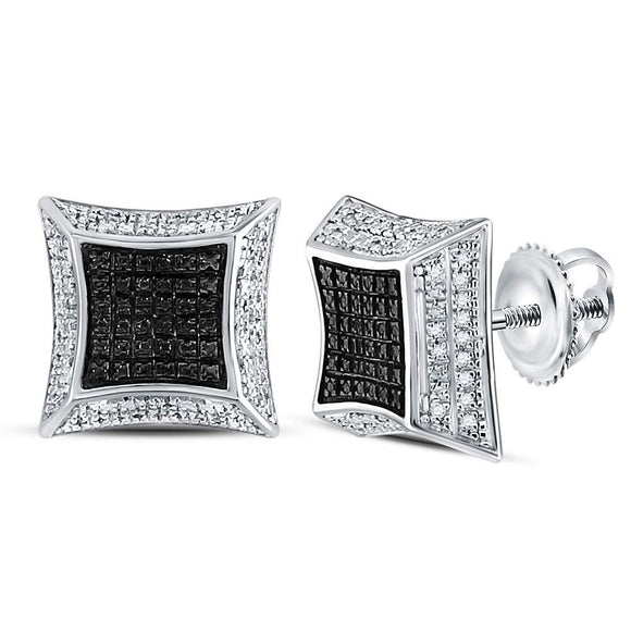 Sterling Silver Mens Round Diamond Flared Square Cluster Earrings 1/6 Cttw