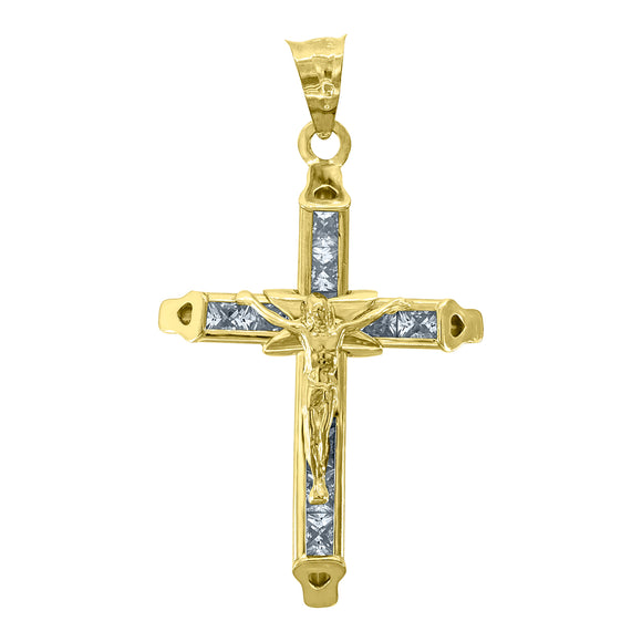 10kt Yellow Gold Mens Women Princess Cut Cubic Zirconia Cubic-zirconia Crucifix Cross Religious Charm Pendant