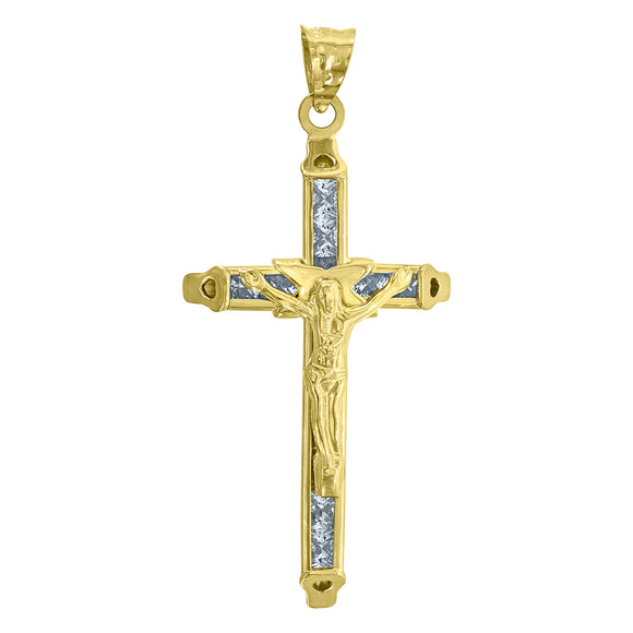 10kt Yellow Gold Mens Women Princess Cut Cubic Zirconia Cubic-zirconia Crucifix Cross Religious Charm Pendant