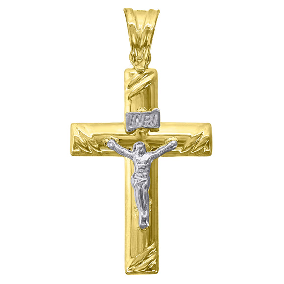 10kt Gold Two-tone Mens Cross Crucifix Ht:36mm x W:18mm Religious Charm Pendant