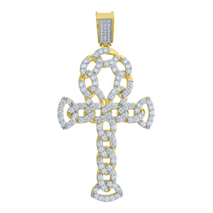 10kt Gold Two-tone Cubic-zirconia Mens Ankh Cross Ht:71.6mm x W:36mm Religious Charm Pendant