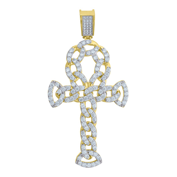 10kt Gold Two-tone Cubic-zirconia Mens Ankh Cross Ht:71.6mm x W:36mm Religious Charm Pendant