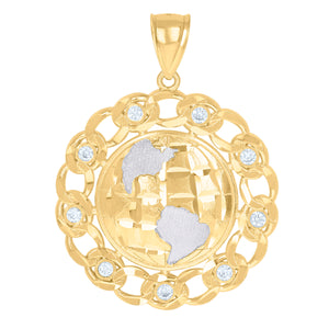 10kt Two-tone Gold Mens Cubic Zirconia Diamond-cut Globe Cuban Border Charm Pendant