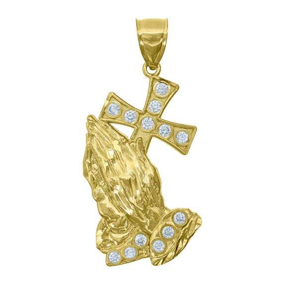 10kt Yellow Gold Mens Cubic-Zirconia Religious Praying Hands Charm Pendant