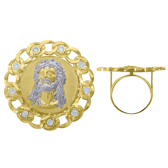 10Kt Two-Tone Gold Mens Cubic-Zirconia Jesus Religious Rings