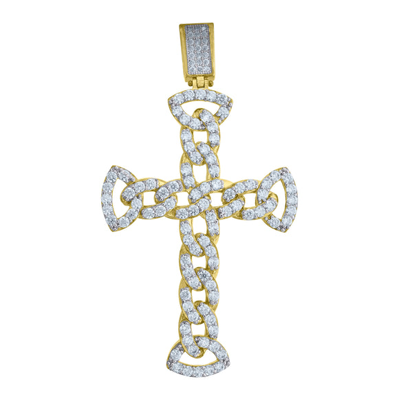 10kt Two-tone Gold Two-tone Cubic-zirconia Mens Cross Ht:67.2mm x W:36.4mm Religious Charm Pendant