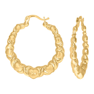 10kt Yellow Gold DC Brushed Womens Heart XO Hugs & Kisses 35.2mm Hinged Hoops Huggies