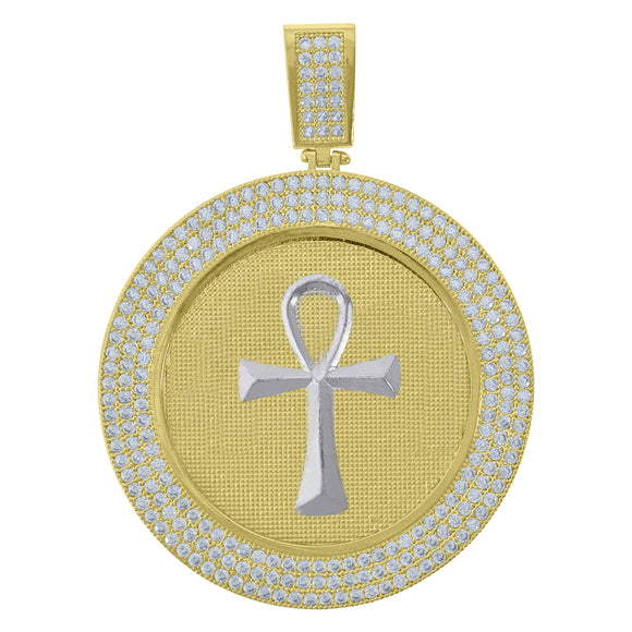 10kt Two-Tone Gold Mens Cubic-Zirconia Religious Ankh Cross Egyptian Charm Pendant