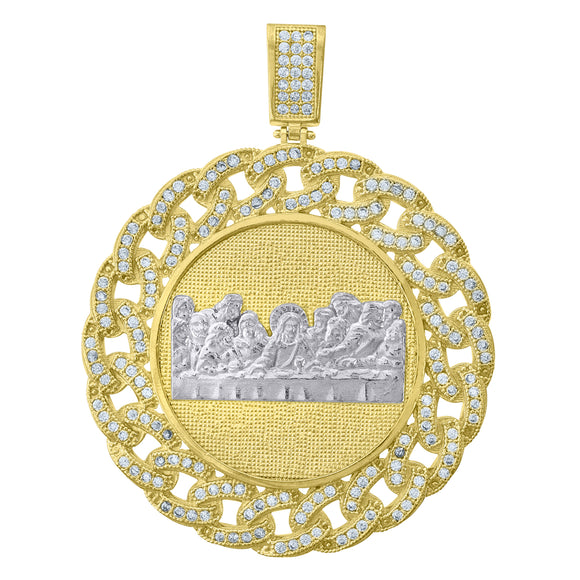 10kt Two-Tone Gold Mens Cubic-Zirconia Religious Last Supper Cuban Link Charm Pendant
