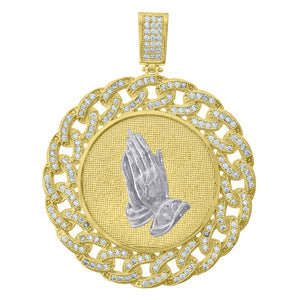 10kt Two-Tone Gold Unisex Cubic-Zirconia Religious Praying Hands Cuban Link Charm Pendant